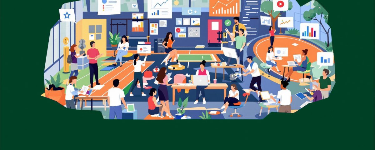 Illustration de la méthode pédagogique en 5 points de Nuevo Sport et Loisirs, montrant un environnement d'apprentissage dynamique et bienveillant avec des alternants et des formateurs en interaction.