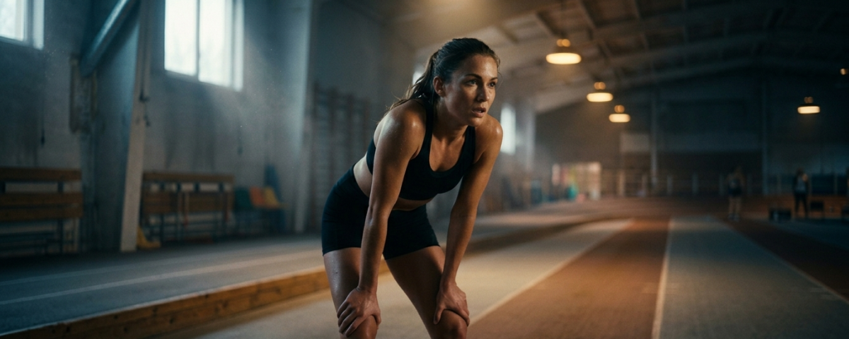 Femme en tenue de sport en position de départ pour le test Luc Léger lors des TEP BPJEPS AF 2026, dans une salle de sport avec piste d'athlétisme et éclairage industriel.