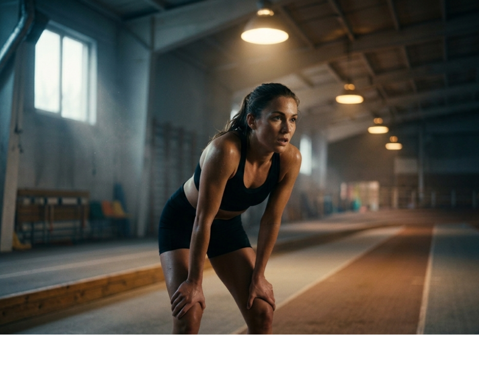 Femme en tenue de sport en position de départ pour le test Luc Léger lors des TEP BPJEPS AF 2026, dans une salle de sport avec piste d'athlétisme et éclairage industriel.
