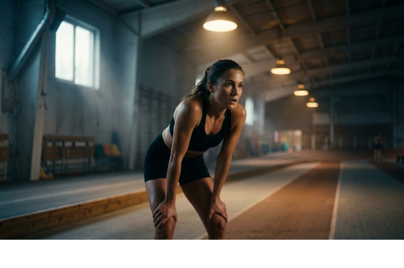Femme en tenue de sport en position de départ pour le test Luc Léger lors des TEP BPJEPS AF 2026, dans une salle de sport avec piste d'athlétisme et éclairage industriel.