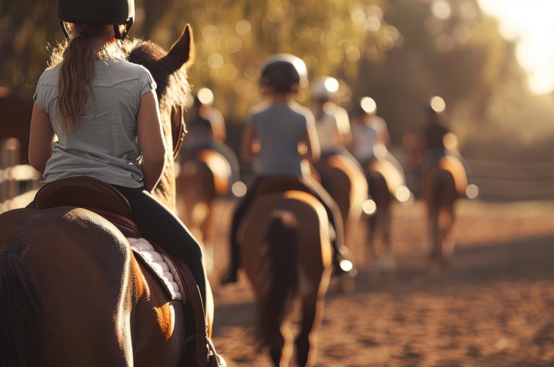 A line of equestrians on horseback enjoys a riding session in an outdoor arena, with the golden sunlight casting a warm glow